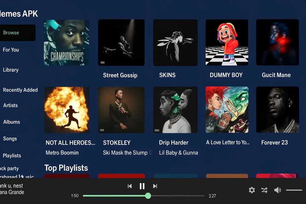 Screenshot of Memes APK music streaming interface showing various playlists, albums, and artists on an Android device.