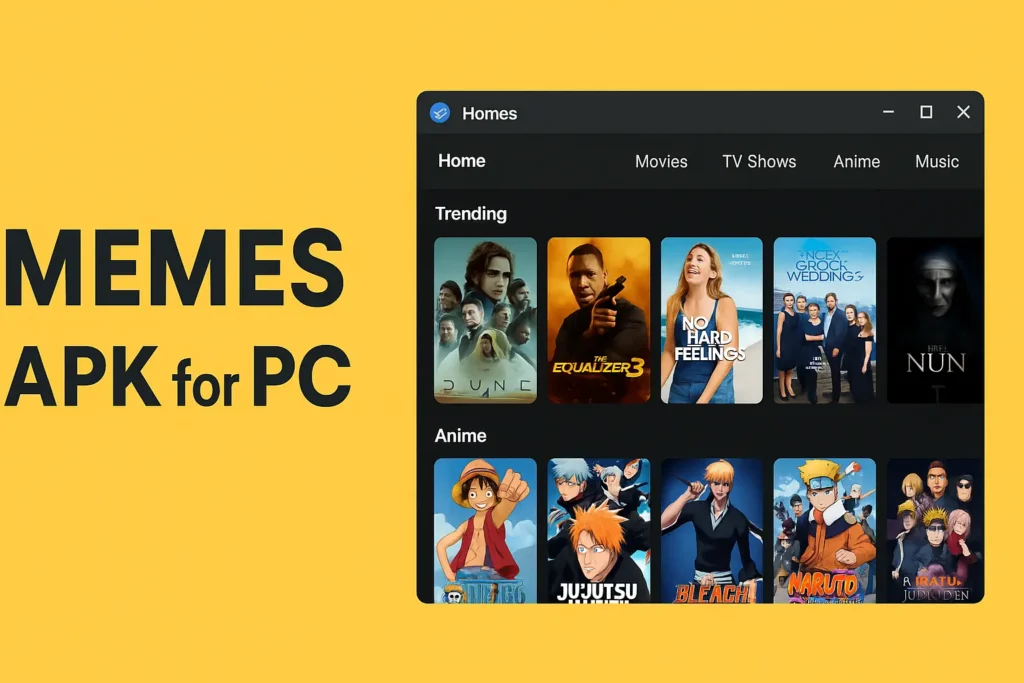 Screenshot of Memes APK for PC interface on emulator showing trending movies and anime on a yellow background.