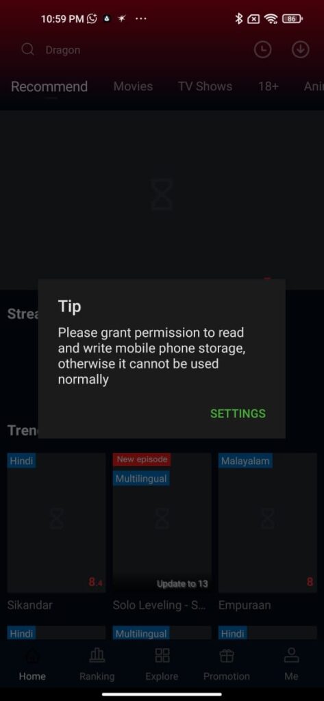 Storage permission alert in Memes APK for proper app functionality.